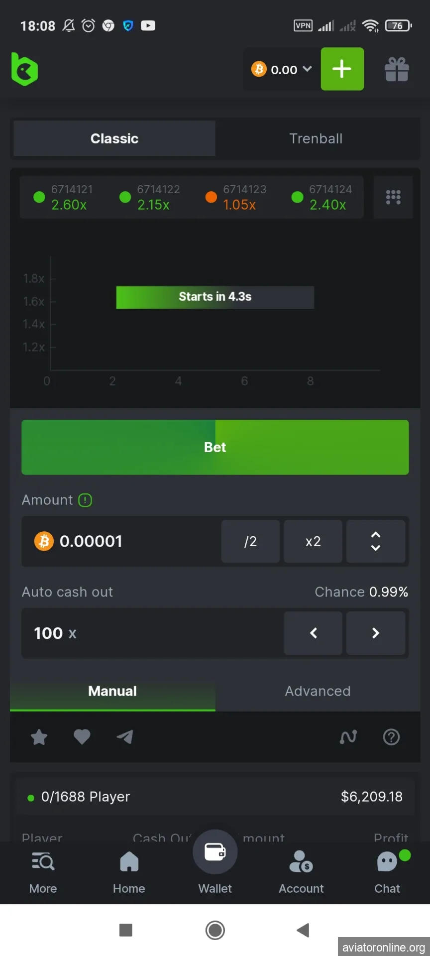 We will show you the start of the Aviator game in the BCGame application.
