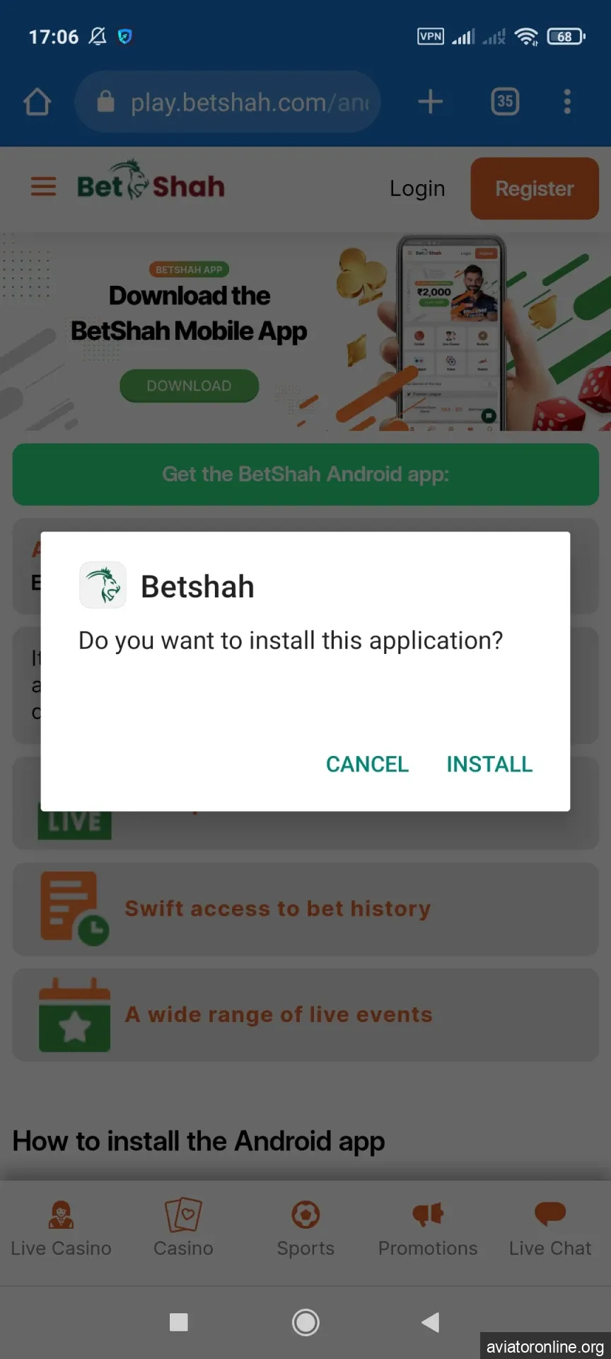 Install the BetShah app on your smartphone to play Aviator.