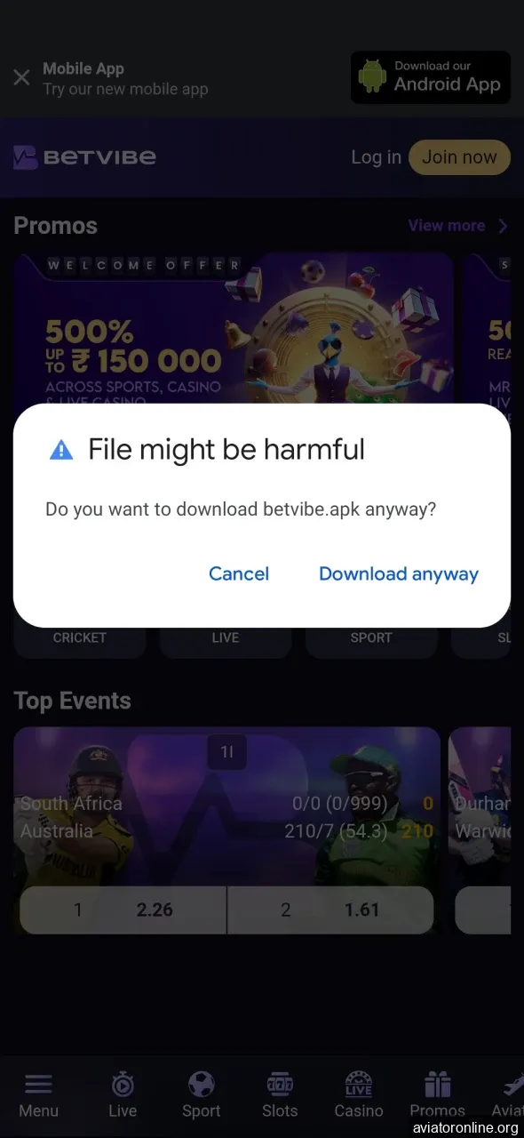 Download BETVIBE app for Android.