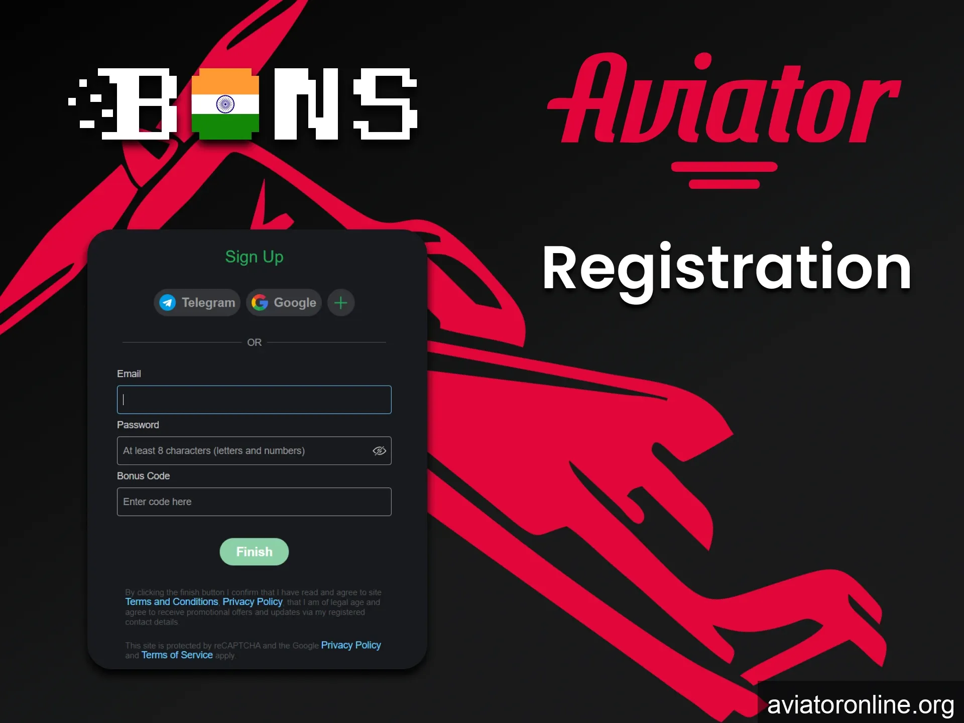 Create an account on Bons to play Aviator.