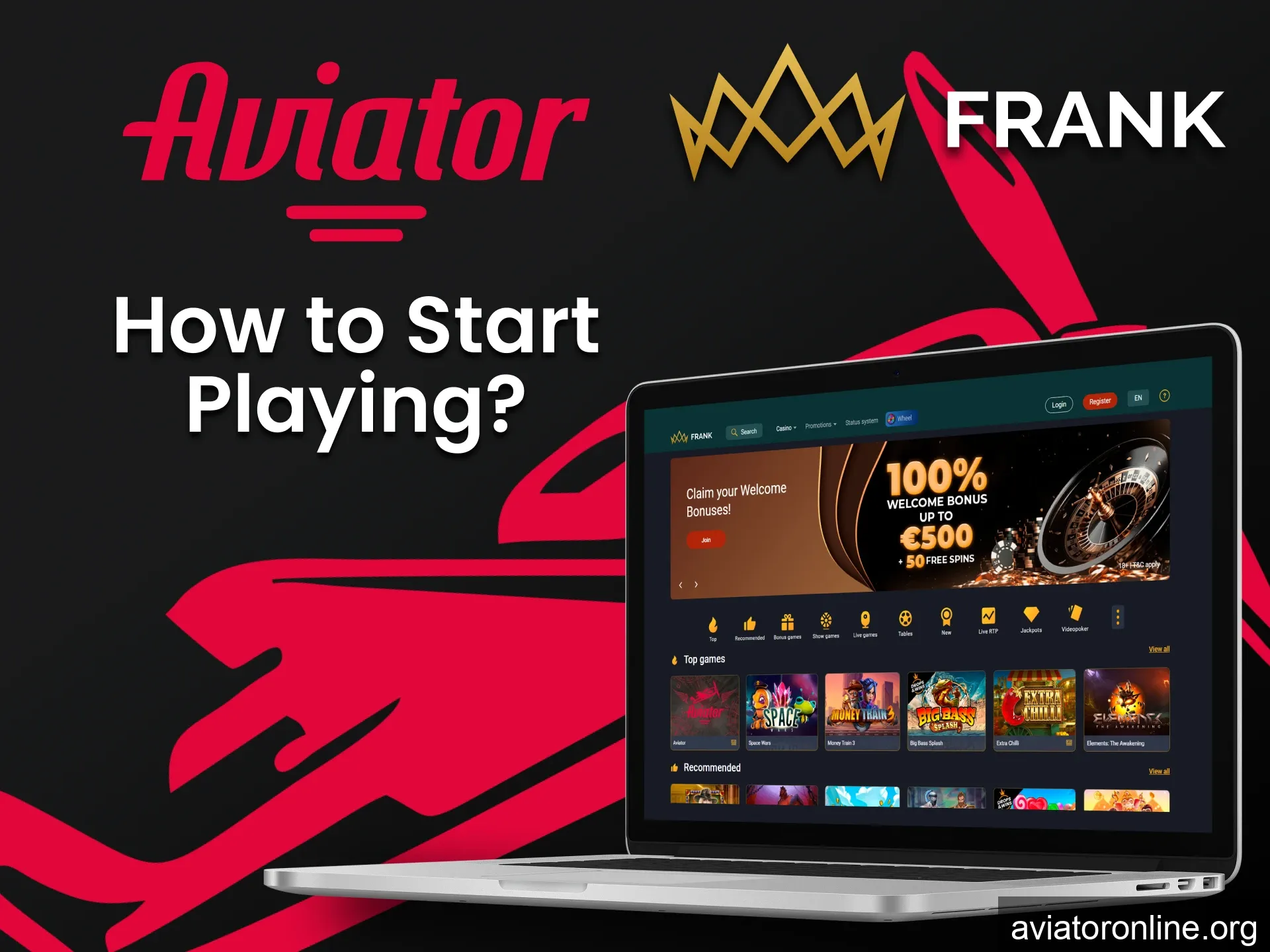 We will show you how to start playing Aviator at Frank Casino.